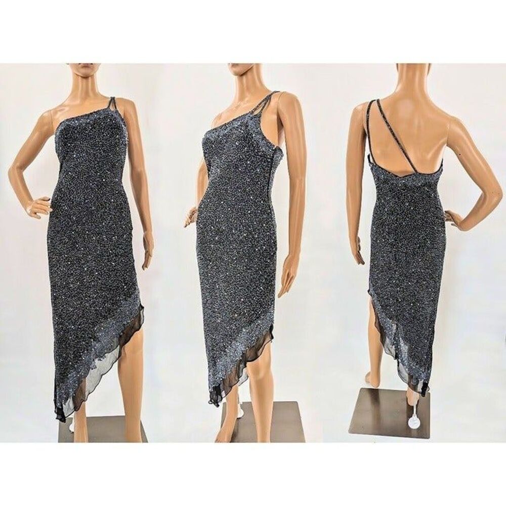 Vintage 90s Scala Silk Gown Black Beaded Sequins Off Shoulder Siren Size M - Picture 11 of 12